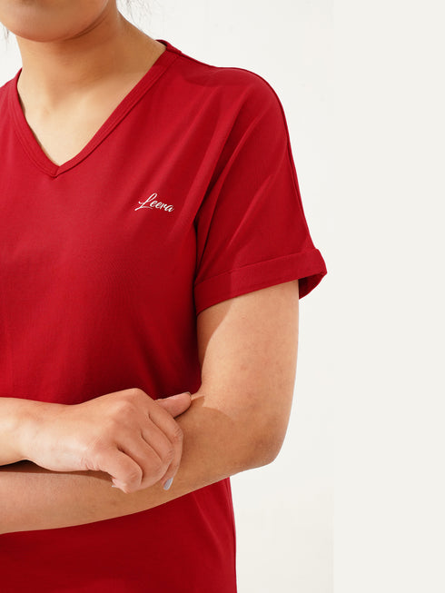 Cover Long Loose Fit V-Neck Top in Red