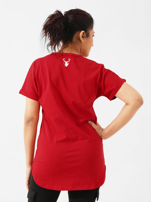 Cover Long Loose Fit V-Neck Top in Red