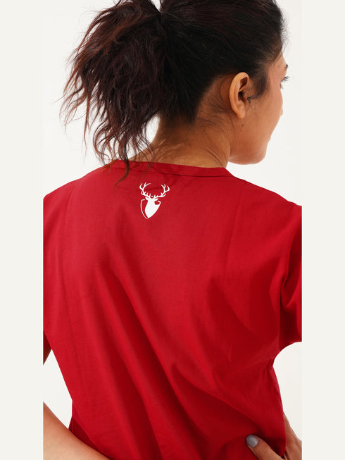 Cover Long Loose Fit V-Neck Top in Red