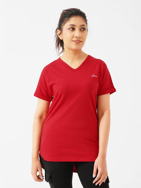 Cover Long Loose Fit V-Neck Top in Red