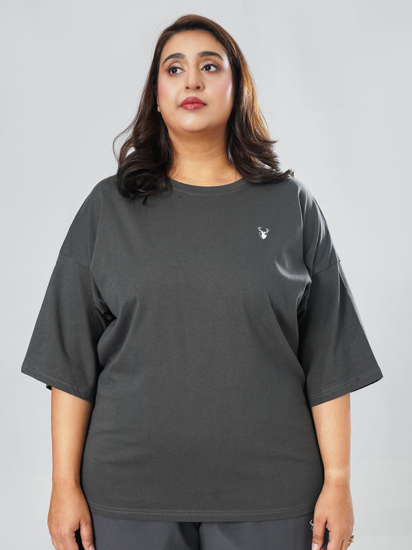 LEERA Grey Oversized Cotton Tee ( Plus Size )