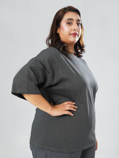 LEERA Grey Oversized Cotton Tee ( Plus Size )