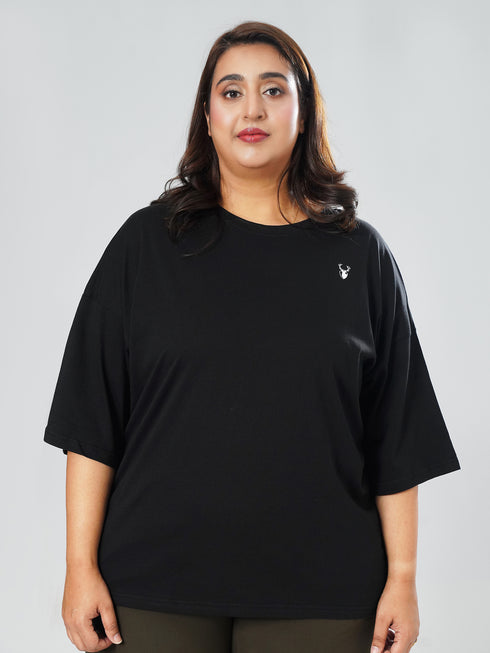 LEERA Black Oversized Cotton Tee ( Plus Size )