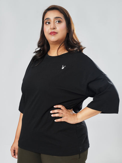 LEERA Black Oversized Cotton Tee ( Plus Size )