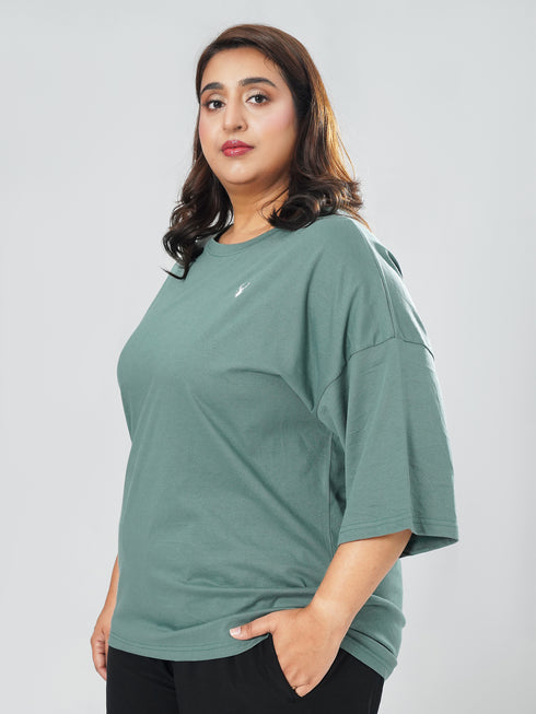 LEERA Gray Teal Oversized Cotton Tee ( Plus Size )