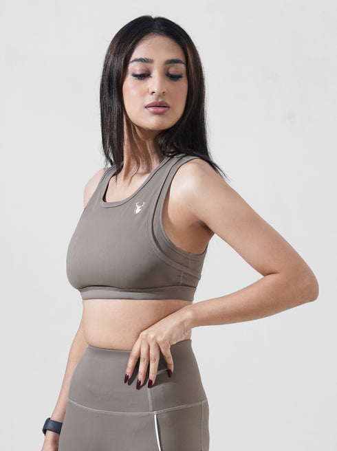 Leera Contour Cutout Sports Bra in Dust Brown