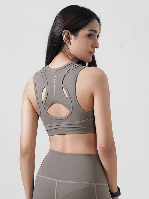Leera Contour Cutout Sports Bra in Dust Brown