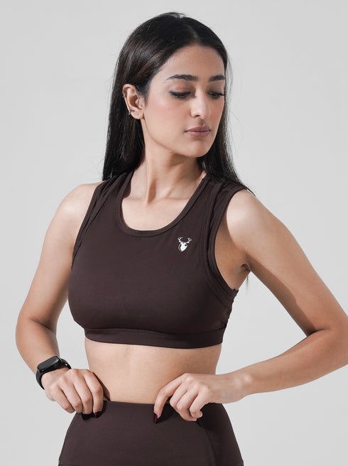 Leera Contour Cutout Sports Bra in Chocolate Brown