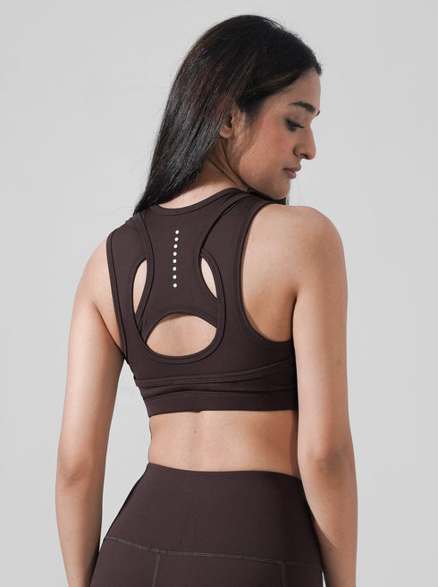Leera Contour Cutout Sports Bra in Chocolate Brown