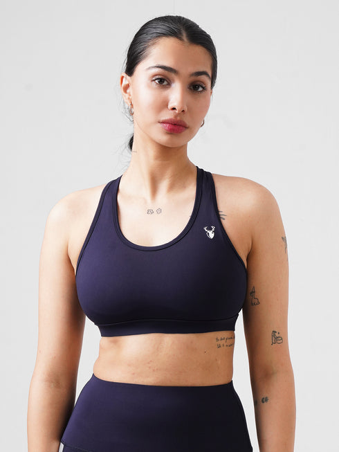 Performance Fixed Padded High Support Sports Bra in Navy Blue