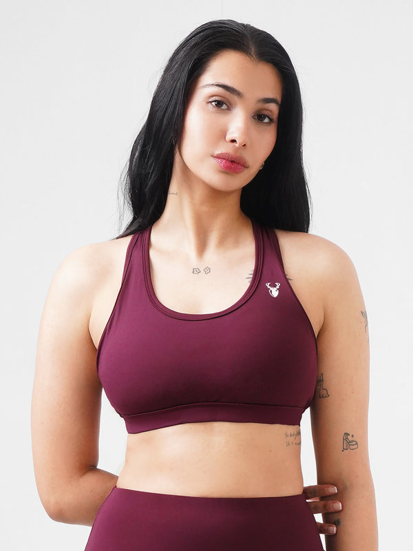 Performance Fixed Padded High Support Sports Bra in Maroon