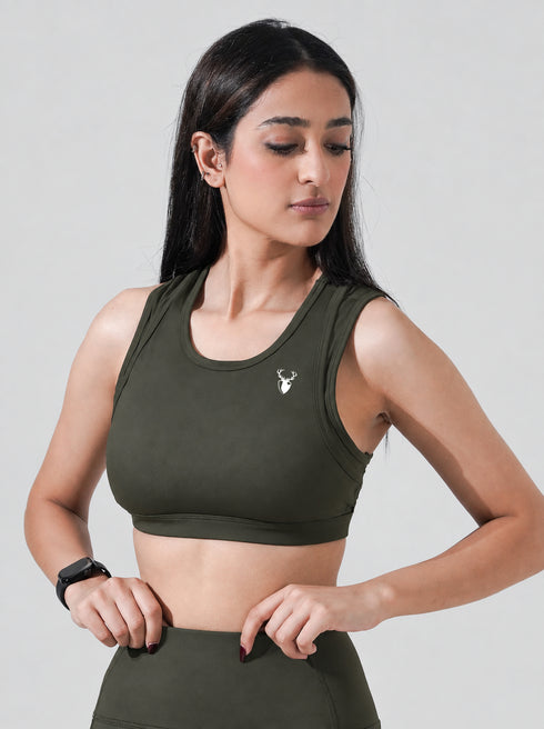 Leera Contour Cutout Sports Bra in Olive