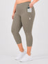 Leera dust brown plus size capri pocket legging front view with white sneakers