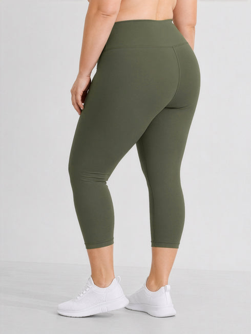 Leera olive basic plus size capri legging back view with high waist fit