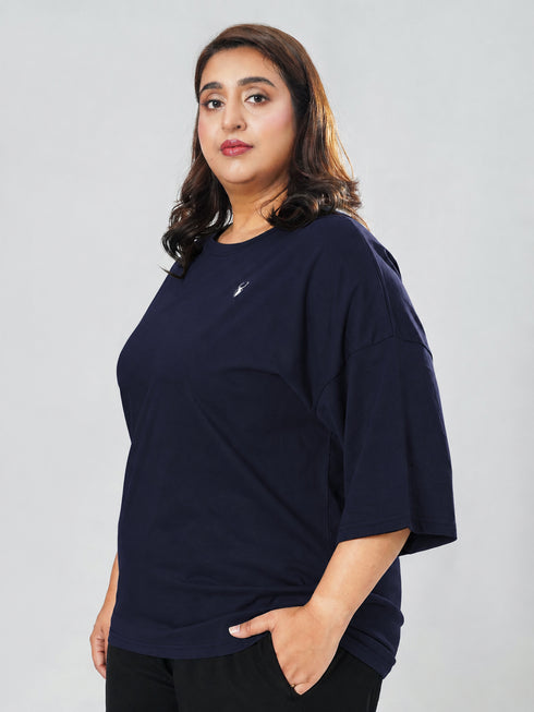 LEERA Navy Blue Oversized Cotton Tee ( Plus Size )