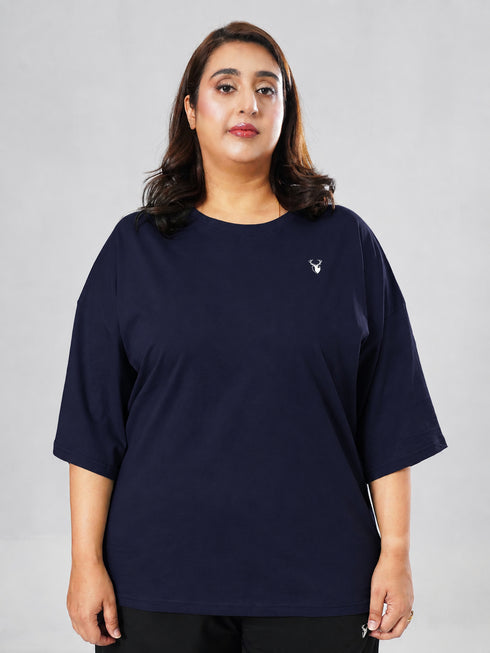 LEERA Navy Blue Oversized Cotton Tee ( Plus Size )