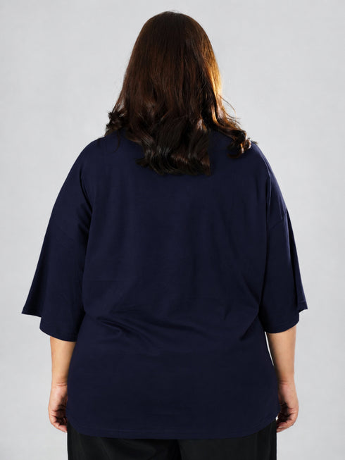 LEERA Navy Blue Oversized Cotton Tee ( Plus Size )